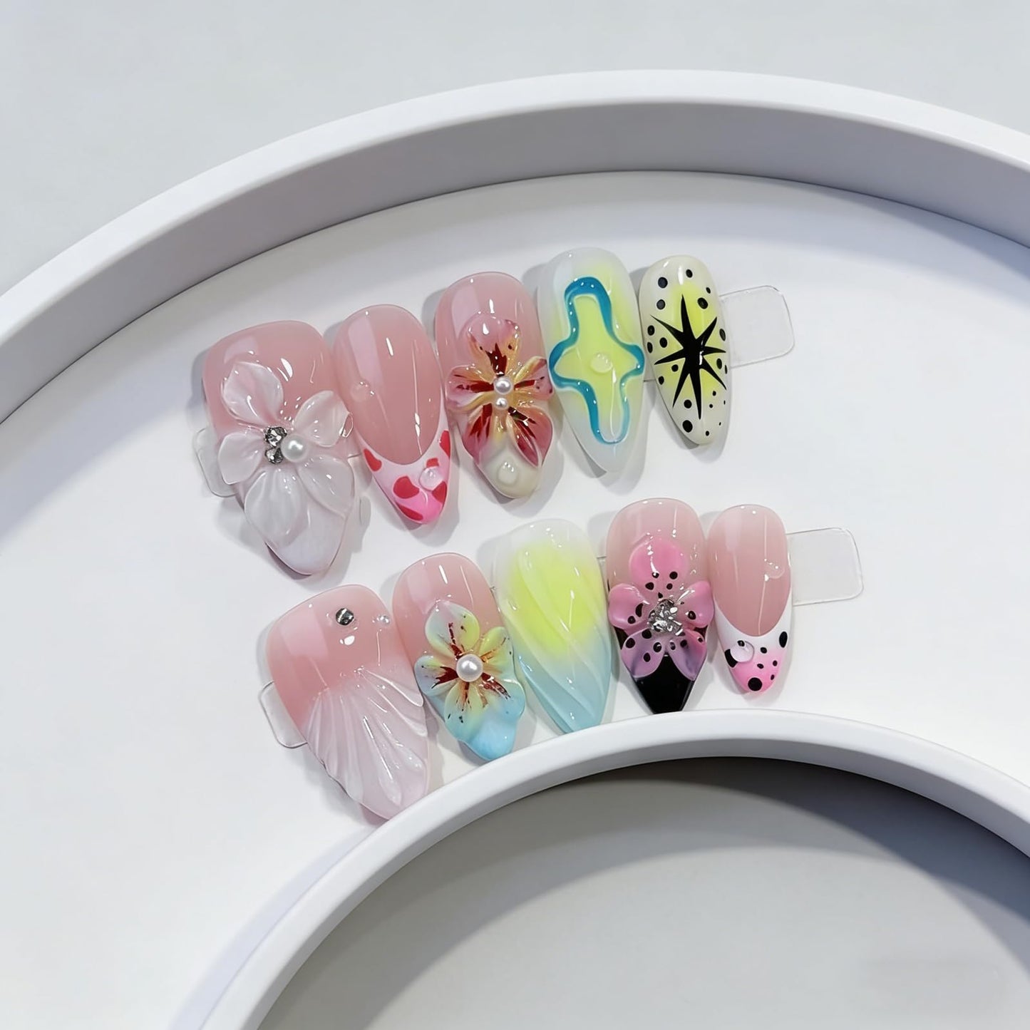 Floral Handmade Medium Almond Press on Nails Nude Pastel 3D Floral Star Patterns Rhinestone Pearl Glossy Finish Reusable Spring Nails Easy Apply Fashion Durable Trendy Women Girls Nail Art 24 Pcs（M）