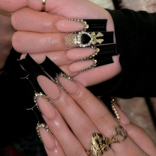 Rchovsam xl Black French Tip Press on Nails Square Long Flase Nails Press Ons Black Love Diamond Designs Fake Nails Gold Crown Acrylic Full Cover Gel False Nails Gift for Women 24pcs