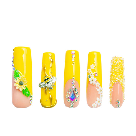 LOVFUL Press on Nails Honey Bee Yellow| Handmade with Full Covered Crystals| Reusable Fake Nails| Square Mid length 1.7in| H101-S