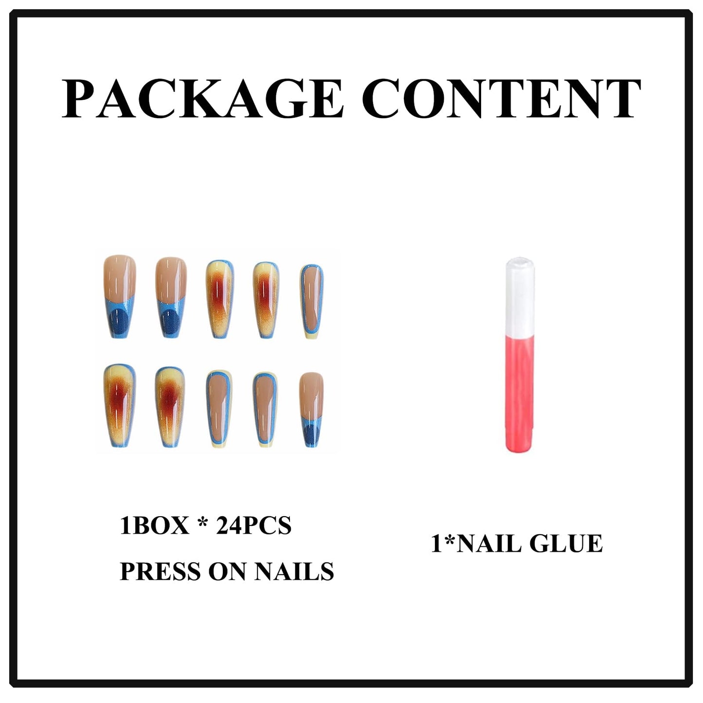 MERVF Coffin Press on Nails Long Fake Nails Blue Gradient French Tip Glue ons Nail Aura Acrylic Ballerina Summer Sunsest Design Manicure Glossy 24pcs