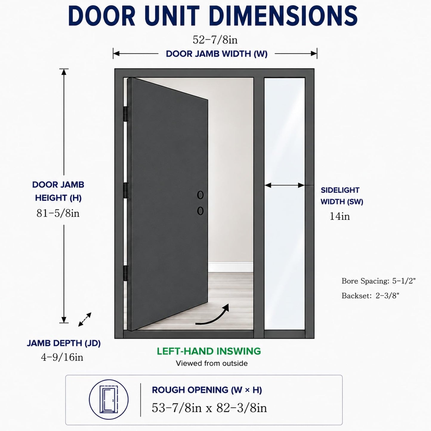 53x80in Fiberglass Front Entry Door with 14in Sidelight, Black Exterior Door for Home, Left-Hand Inswing, Textured Finished with Decorative Glass Knock-Down Door, Vinyl Frame and Brickmould Included