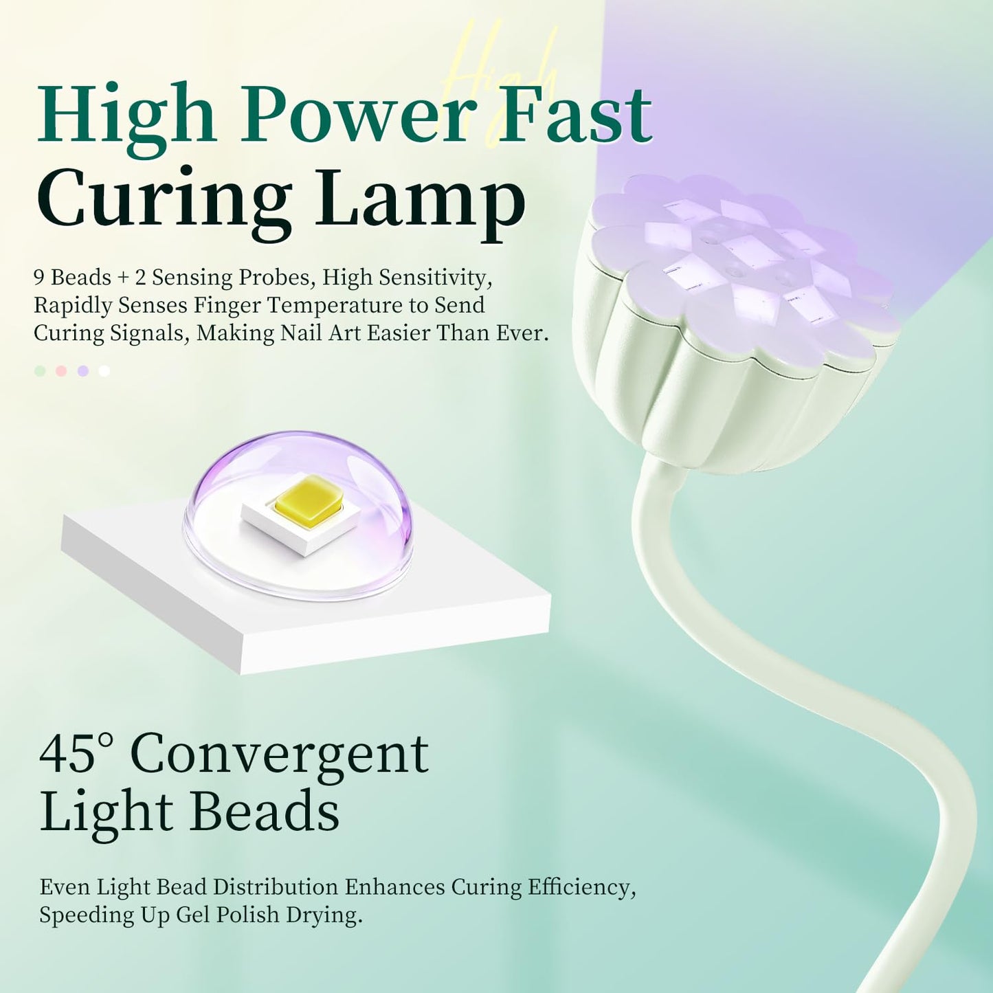 JODSONE Fast Curing U V Nail Lamp - Portable and Flexible Gooseneck Lamp with 360° Adjustable Design, Rechargeable LED Dryer for Gel Polish, Auto Sensor & 4 Timers, Home DIY Manicure Light Mint Green