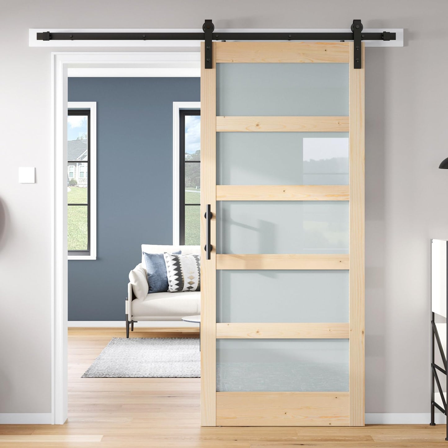 ROYMELO 38x84 inch Glass Sliding Barn Door Slab with 6.6ft Hardware Kit Included, 5-Panel Frosted Glass, Spruce Wood Support DIY Dyeing, Easy Assembly