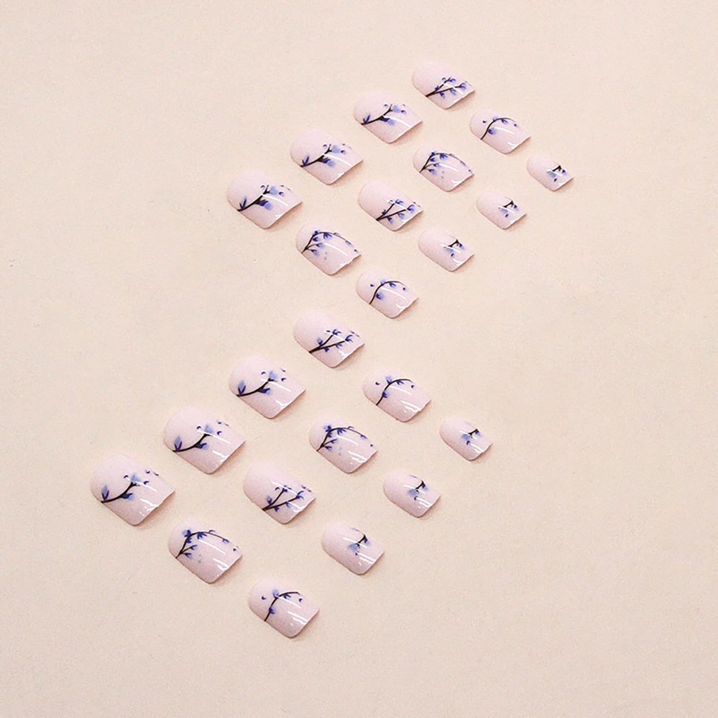 Vezocim Flower Press on Nails Square Shapes, 24Pcs Nude Short Artificial Fake Nails with Blue Floral Bud Designs, Full Cover Glossy Coffin Acrylic False Nails, Stick on Fingernails for Women(W1048)