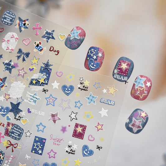 SOFTSOUL 5D Embossed Nail Stickers – Premium Salon-Grade Nail Art Stickers, Self-Adhesive Nail Decals, Long-Lasting, Detailed Textured Designs, Easy DIY Manicure, Home or Salon Use (Y2K Denim Stars)