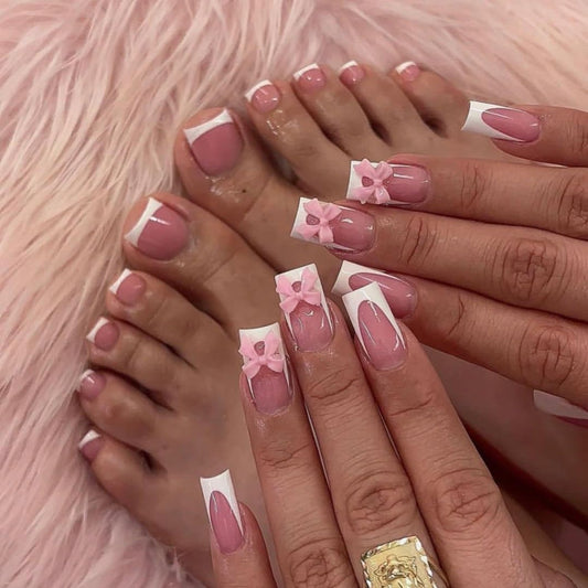 CTTHNBD Medium Press on Nails & Square Press on Toenails, White French Tip Fake Nails with Bow Design - for Women 48 Pcs