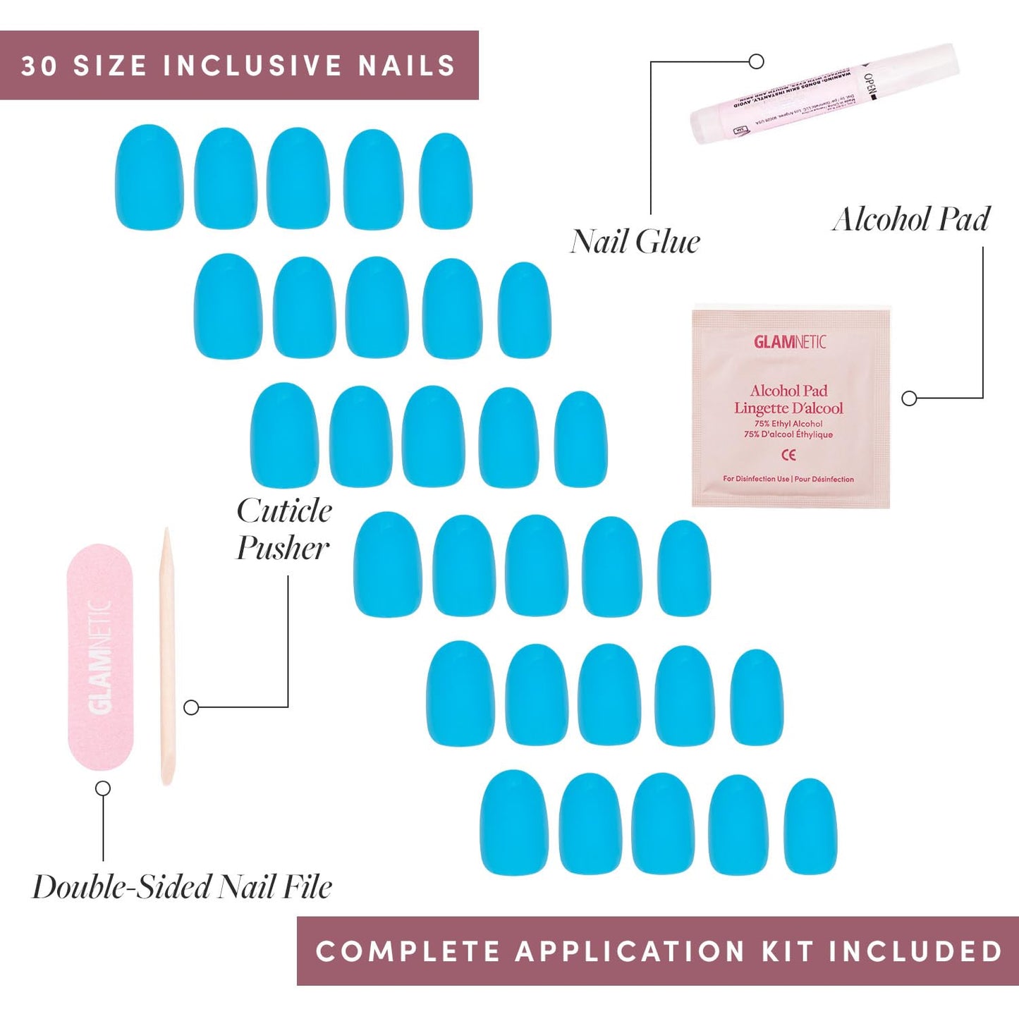Glamnetic Press-On Nails - Azure Blue | Super Strong Brush On Nail Glue & Press-On Nail Remover | Bright Blue Short Round Fake Nails | 12 Sizes - 30 Nail Kit with Glue and Remover