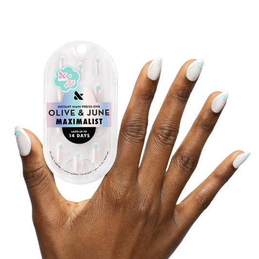 Olive & June Maximalist Instant Mani Press-On Nails (Glue) | 42 Fake Nails, 21 Sizes | Non-Toxic, Long-Lasting Big, Bold Gorgeous Realistic Look | Medium, Almond | Puffy Flower Chrome French