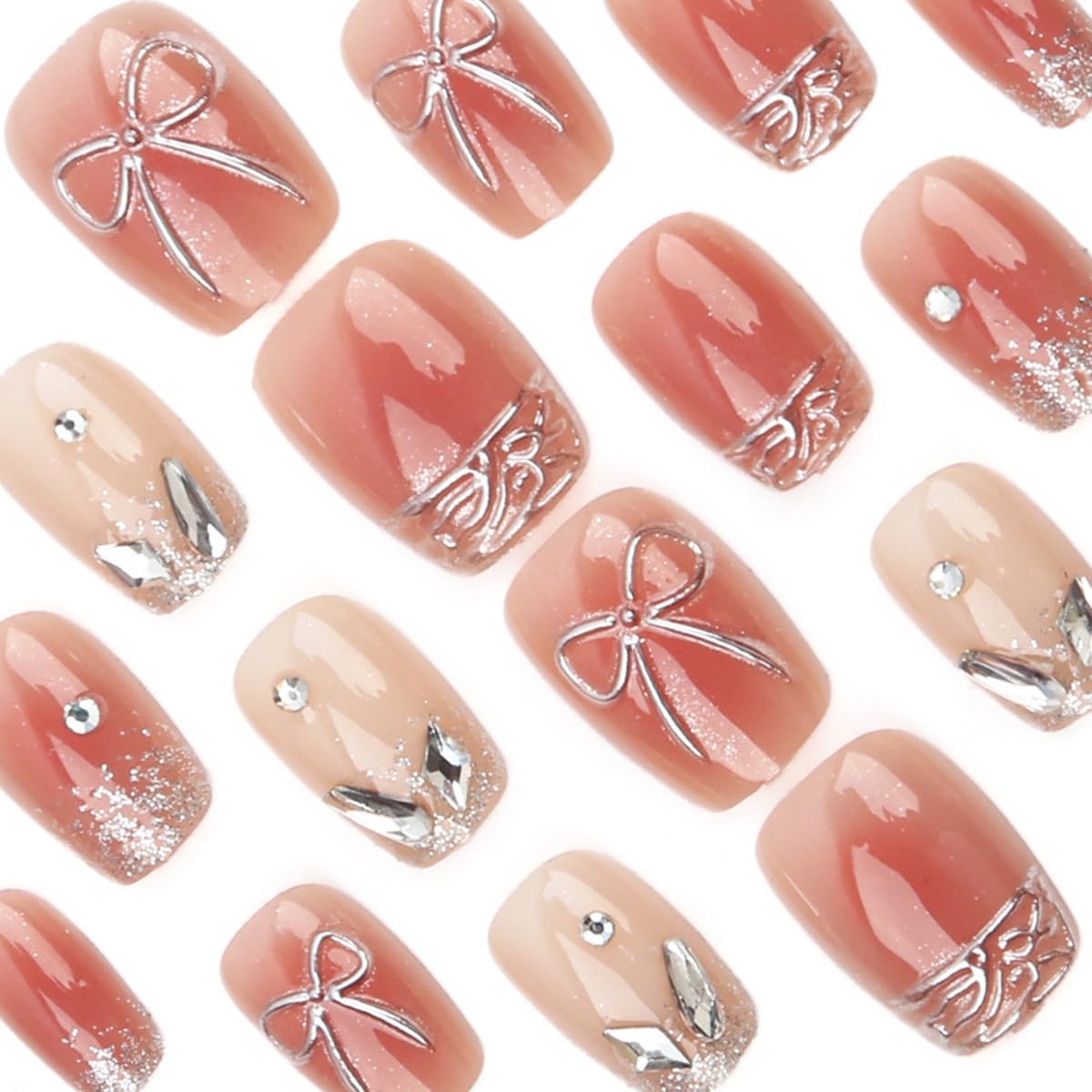 CTTHNBD Press on Nails Short - Square Fake Nails with Silver Bow Design - Glitter, Nude False Nails Press ons - for Women 24 Pcs