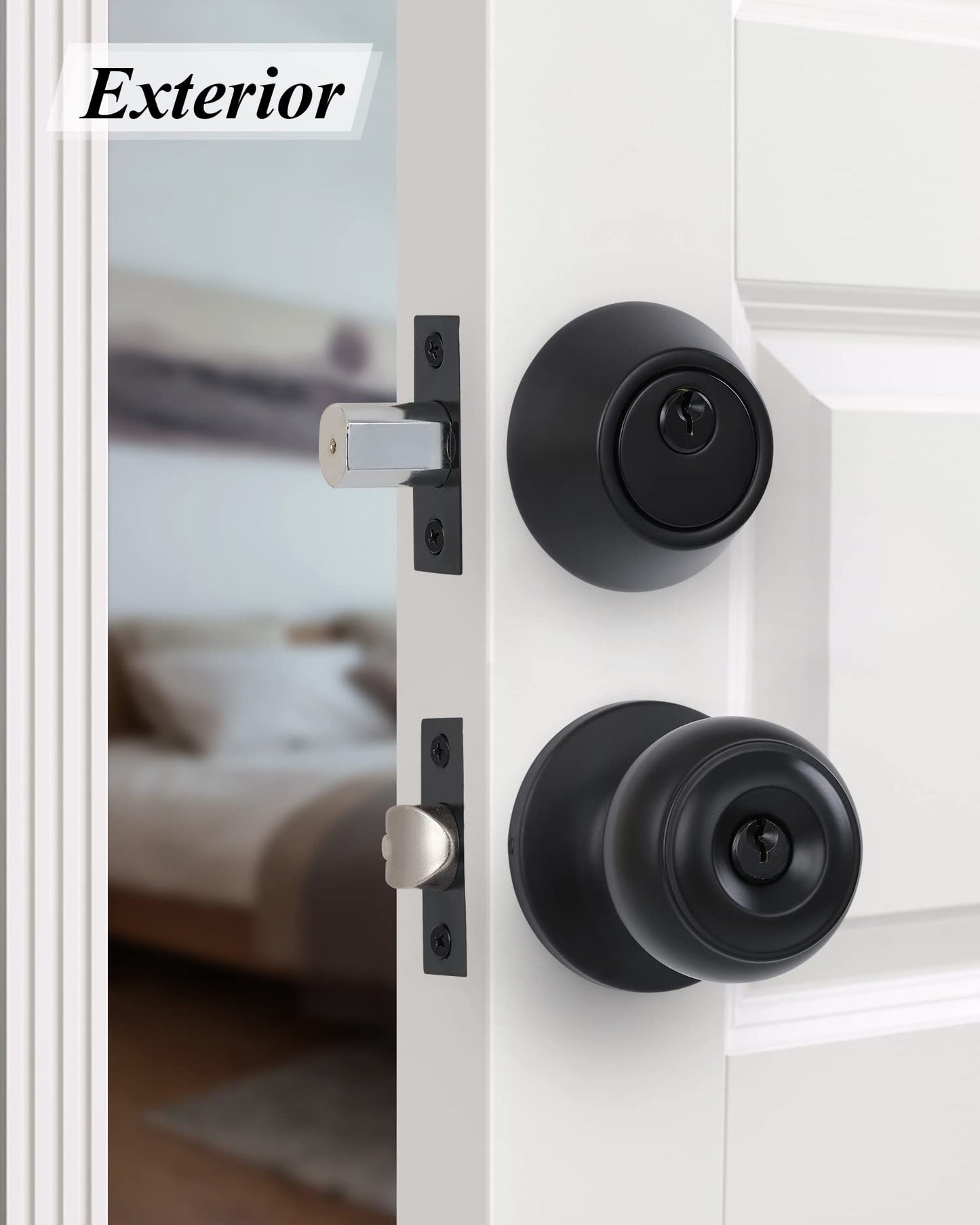Lanwandeng （4 Sets） All Keyed Alike Entry Door Knobs and Single Cylinder Deadbolt Lock Combo Set, Security for Entrance and Front Door with Flat Ball Classic Matte Black Finish