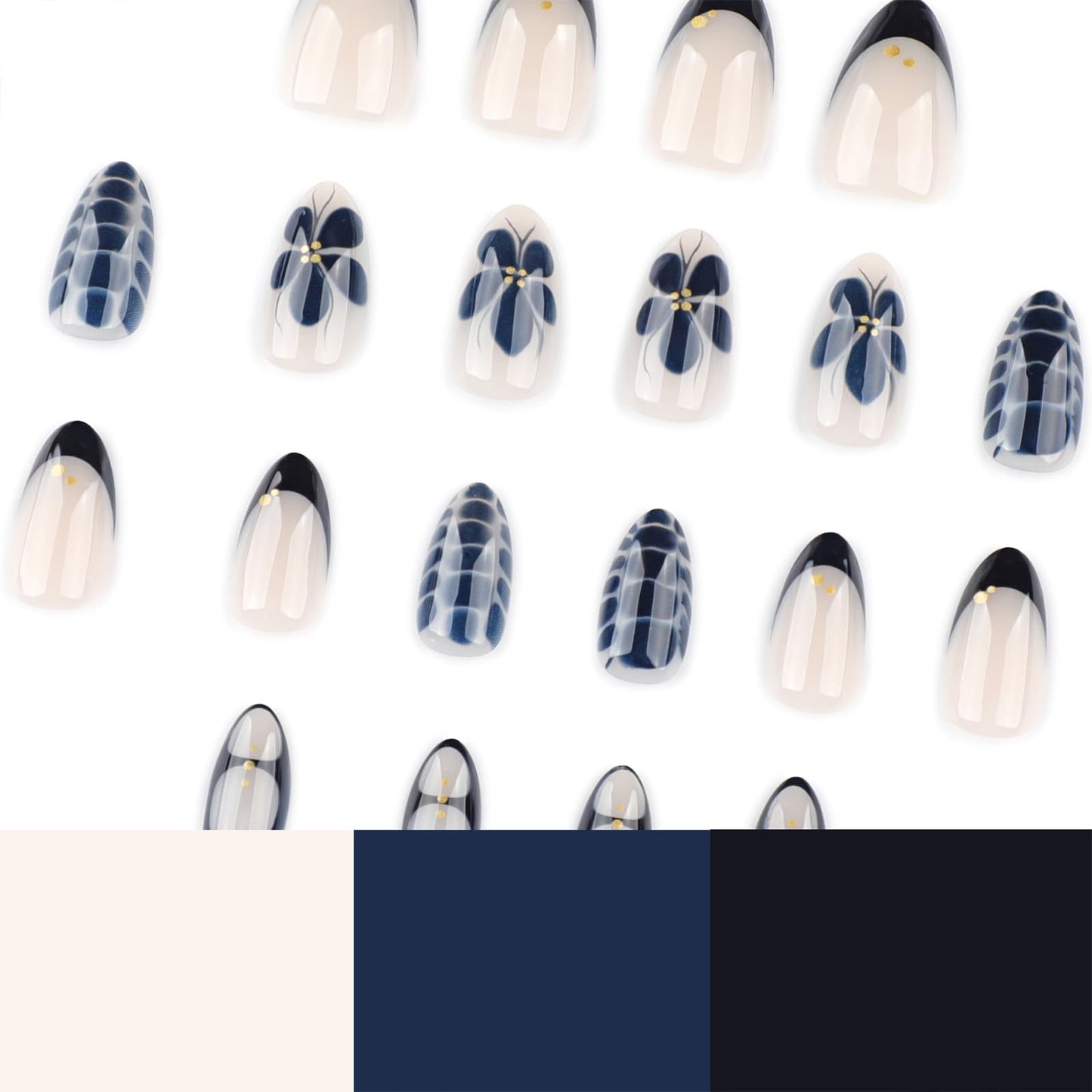 SINHOT Almond Press on Nails - Short Fake Nails, Glossy Finish, Goth Blue Flower & Crocodile Print, DIY Artificial False Nail Art - 24 Pcs Nail Kit with Glue