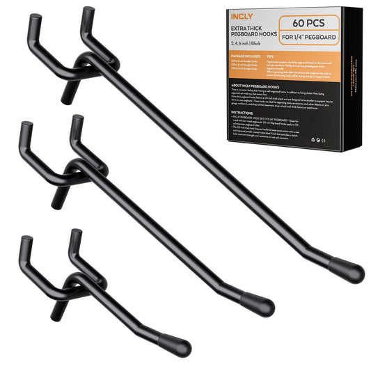 INCLY 60 Pack 2/4/6 Inch Black Pegboard Hooks, 1/4" Heavy Duty Peg Board Shelving Hooks Accessories, Peg Board Tool Hangers Fit for 1/4" Pegboard Hanging Tools Garage, Craft Organizing, Kitchen, Store