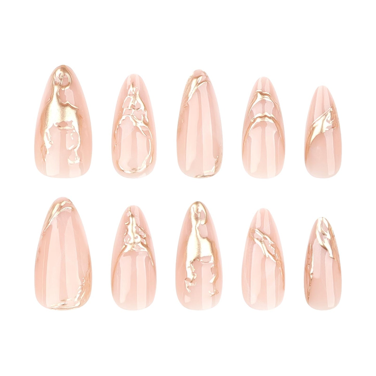 MISUD Press on Nails - Medium Almond Fake Nails with 3D Gold Chrome, Acrylic Bling Design 24 pcs