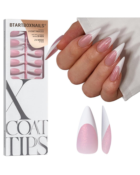BTArtboxnails XCOATTIPS Stiletto Press On Nails - French Tip Press On Nails Pink Glitter Base, 96 Pcs Long Fake Nails Salon Quality Soak Off Soft Gel Nail Tips Extension in 16 Sizes
