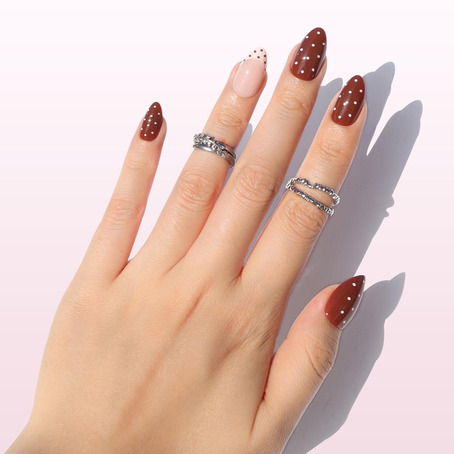 Nail Reformation Press On Nails, Chocolate Sprinkle | Polka Dot Short Almond Fake Nails in French Tip on Nude Base and Glossy Finish, Reusable Stick On Nails in 16 Sizes - 32 Nail Kit for Women Gifts
