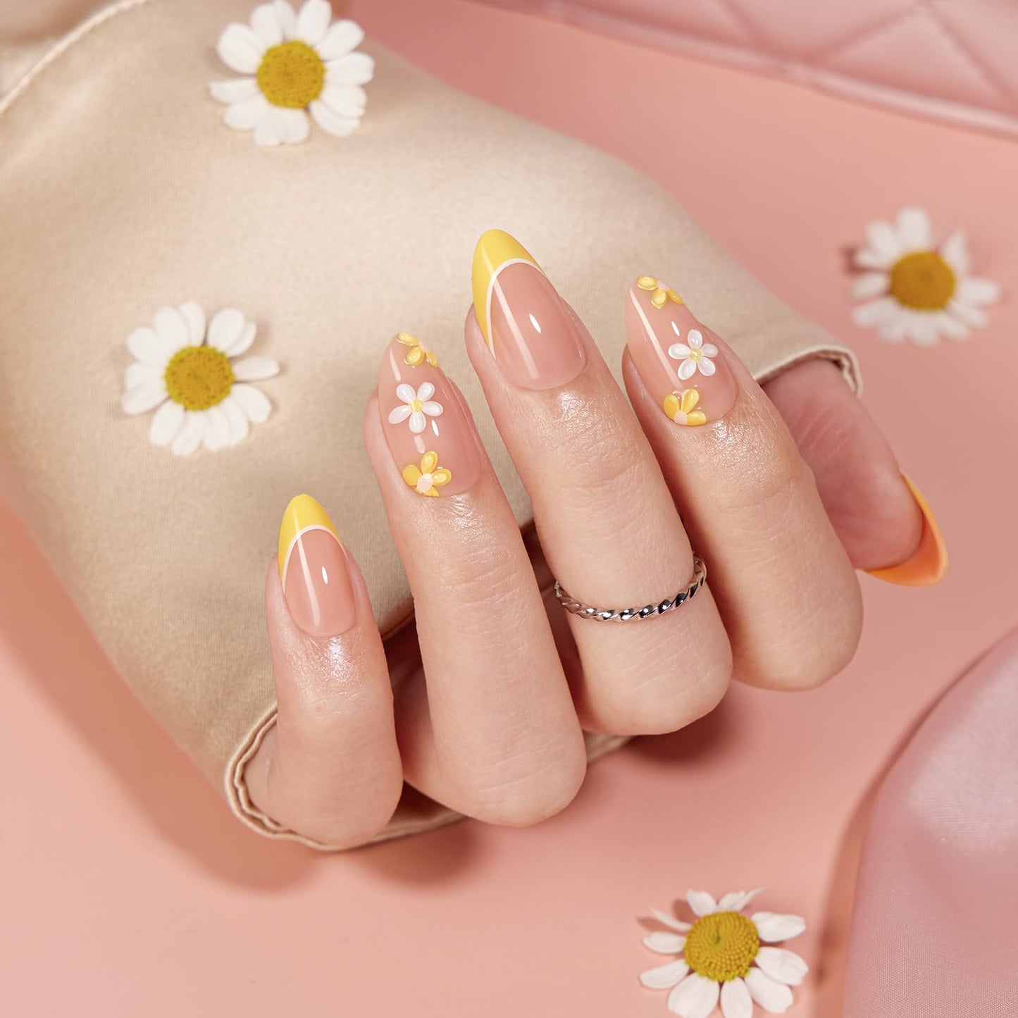 VSALON Press on Nails Short Almond - French Tip Lemon Yellow 3D Flower Design Fake Nails Kit, Floral Spring Summer Salon Gel Glue on Nails with Glue & Cuticle Oil - 32 PCS Stick on Nails in 16 Sizes