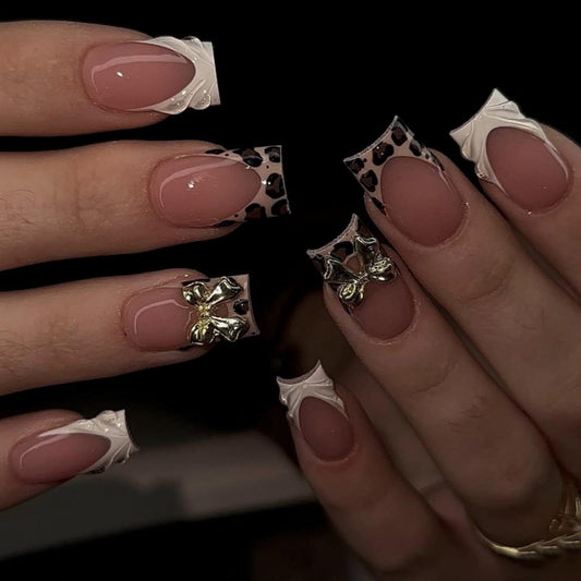 Leopard Prints French Tips Press on Nails Medium Square Fake Nails with 5D Gold Bow Design Water Ripple Glue on Nail Glossy White Nails Press ons Reusable Acrylic Nail for Women Manicure 24Pcs