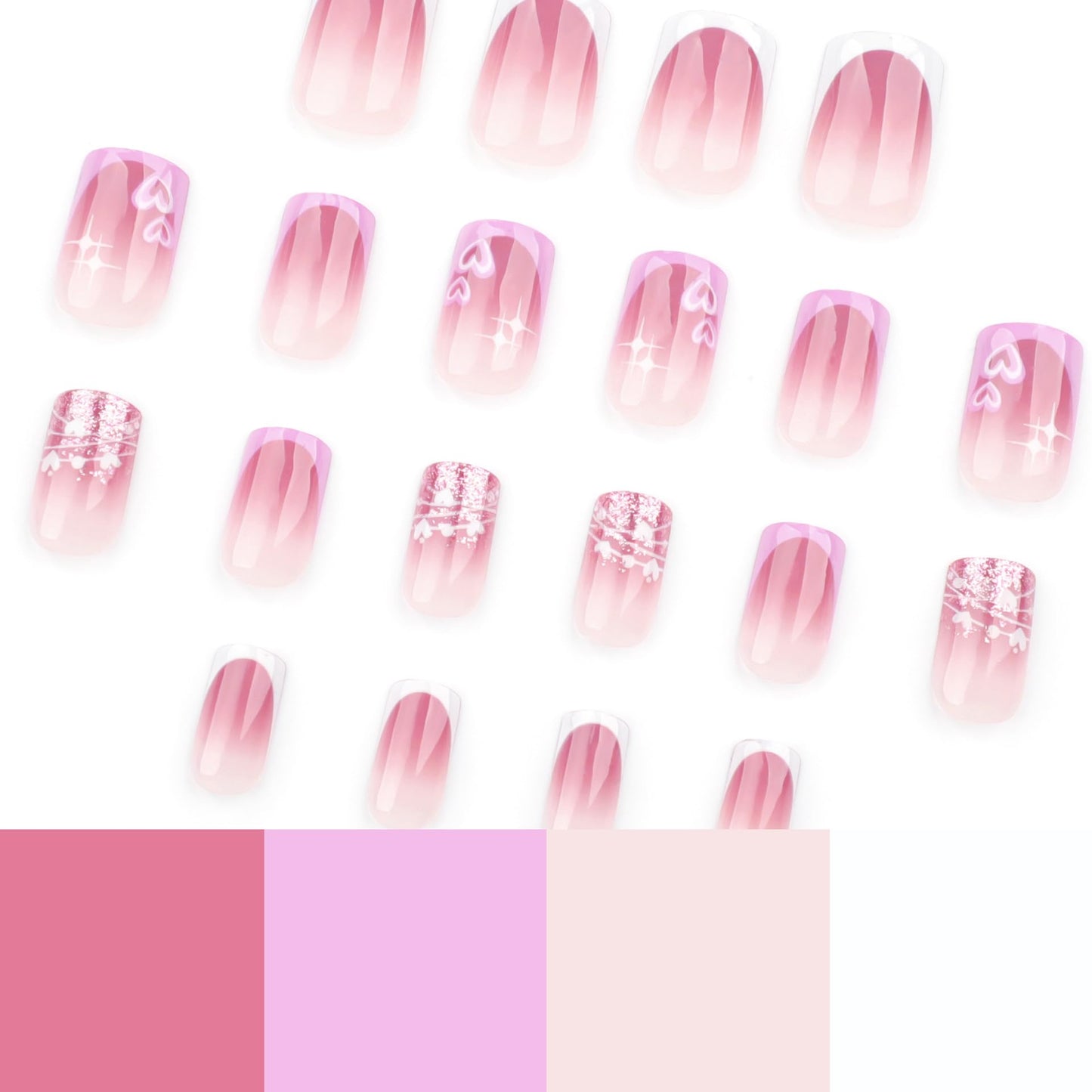Medium Press on Nails Square Fake Nails Pink French Tips Acrylic False Nails Silver Stars Glue on Nail Curve Line Glossy Pink Gradient Stick on Nails Purple Ombre Artificial Nail for Women 24Pcs
