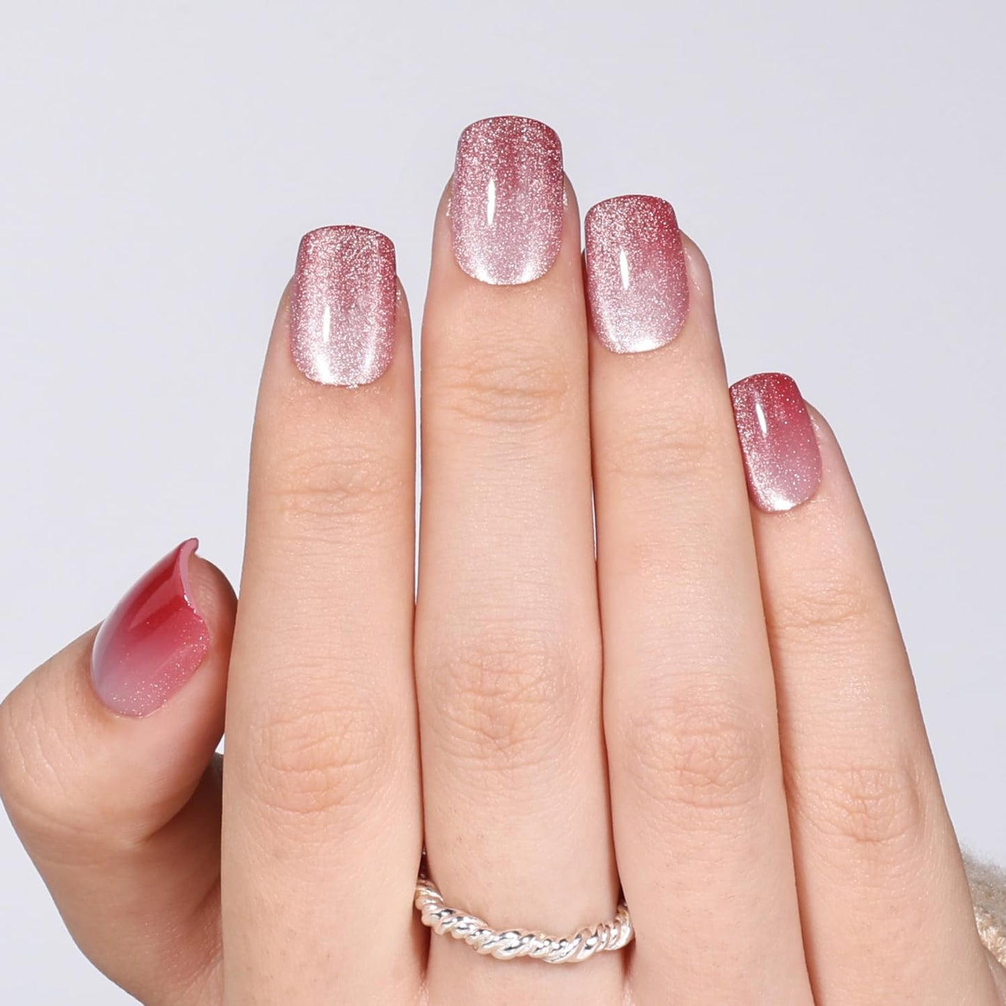 Red Cat Eye Press On Nails Square - Ombre Pink Short Square Fake Nails, Red Cateye Press On Nails Reusable Stick On Nails in 15 Sizes, 30pcs False Nail Kit for Women & Girls (Blush Tides)