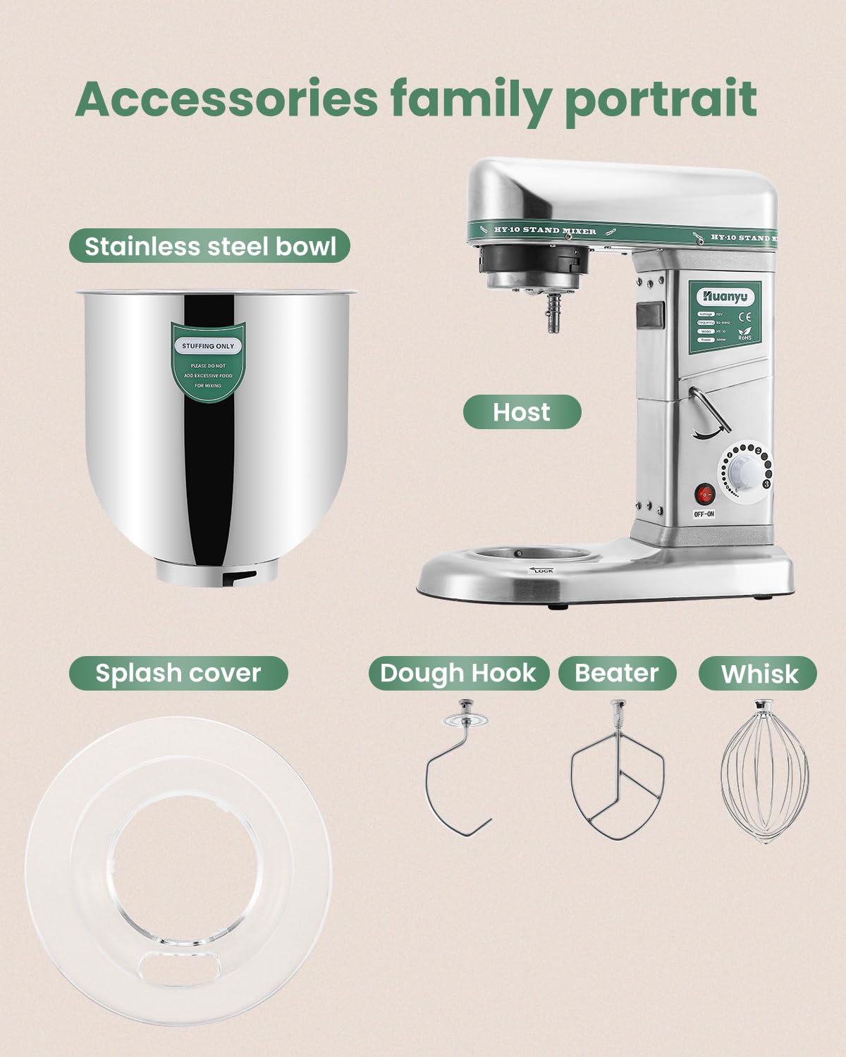 Huanyu Commercial Stand Mixer 10QT 500W Electric Dough Blender with Stainless Steel Bowl 3-in-1 Multifunctional Food Mixing Machine Dough Hook Flat Beater Whisk 110v
