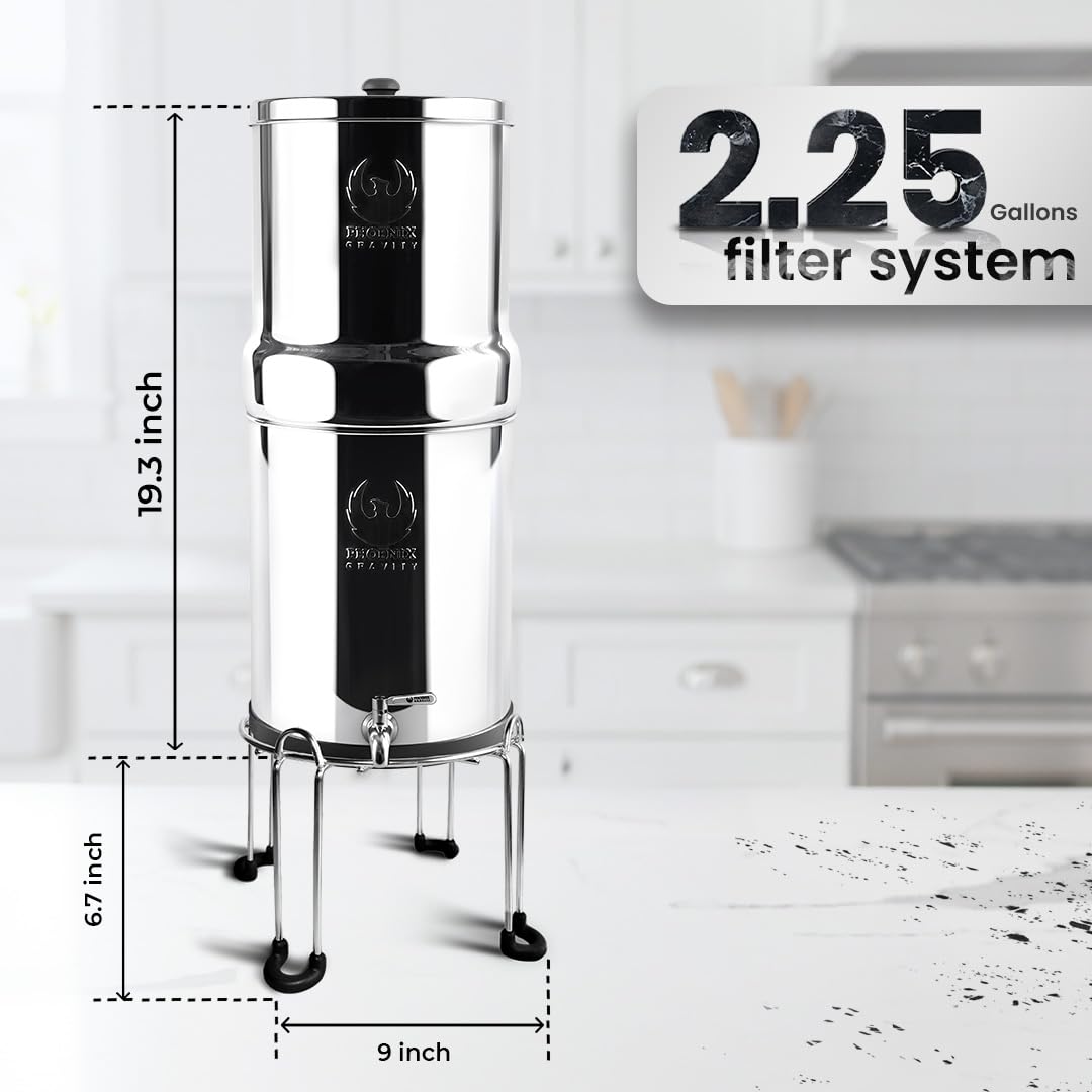 2.25 G AISI 304 Stainless Steel Premium Gravity Water Filter System | NSF Certified 2 Smart Carbon Filter Elements | Free Stainless Steel Stand & Spigot | No Plumbing/Electricity Required | Portable