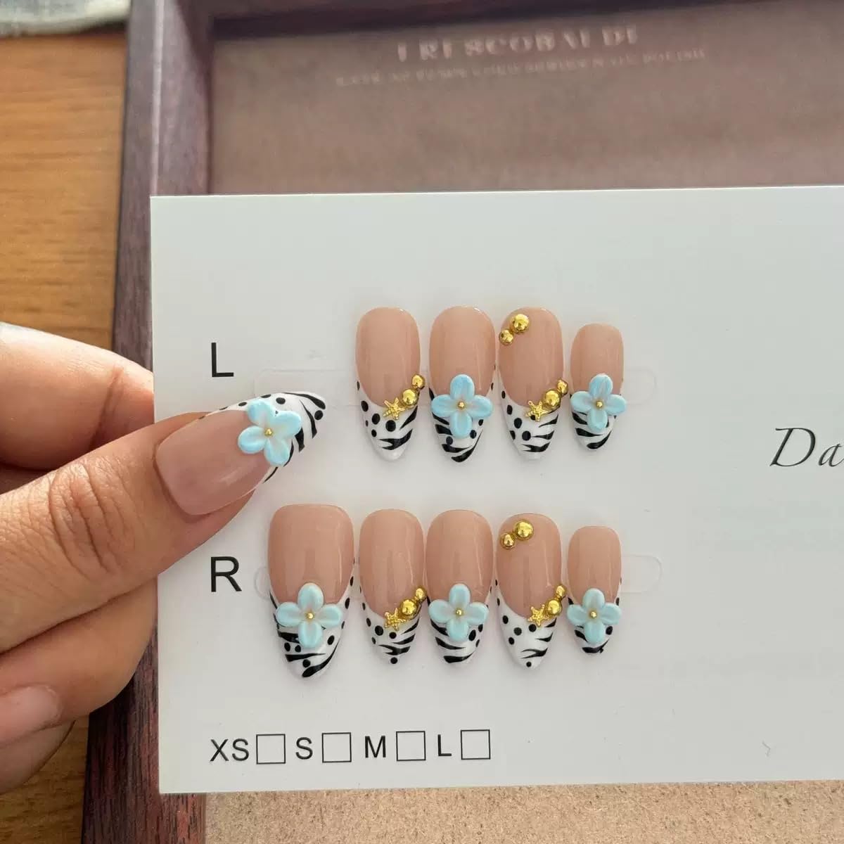 Handmade Press on Nails Almond French Tips with 3D Blue Flowers, Gold Charms and Zebra Print, Glossy Finish 10 Count M Size