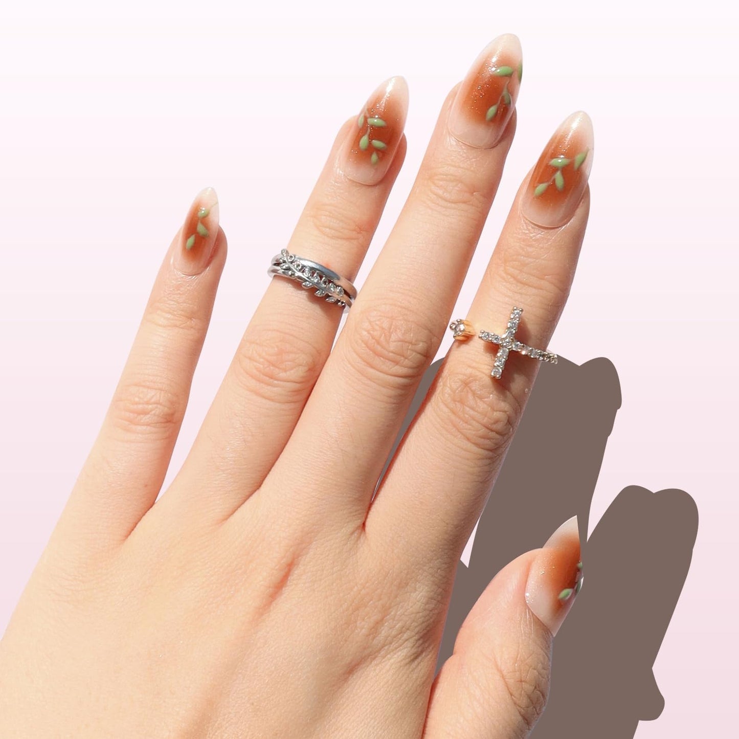 Nail Reformation Press On Nails, Rose Gold Foil Medium Almond Fake Nails in Brown Blush Shimmer with Glossy Finish, Reusable Stick On False Nails in 15 Sizes - 30 Nail Kit with Glue, Gifts for Women