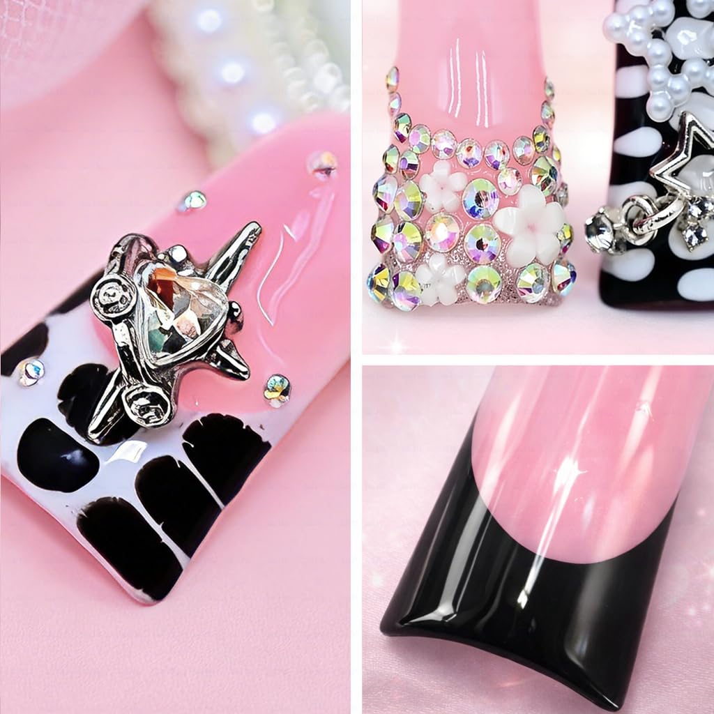 IntoVibes 10 Pieces Luxury Acrylic Press On Nails Long Handmade Duck Nails, Black Thickened False French Nails, With 3D Bowknot And Stars, Reusable Fake Nails, Acrylic Nails (S)