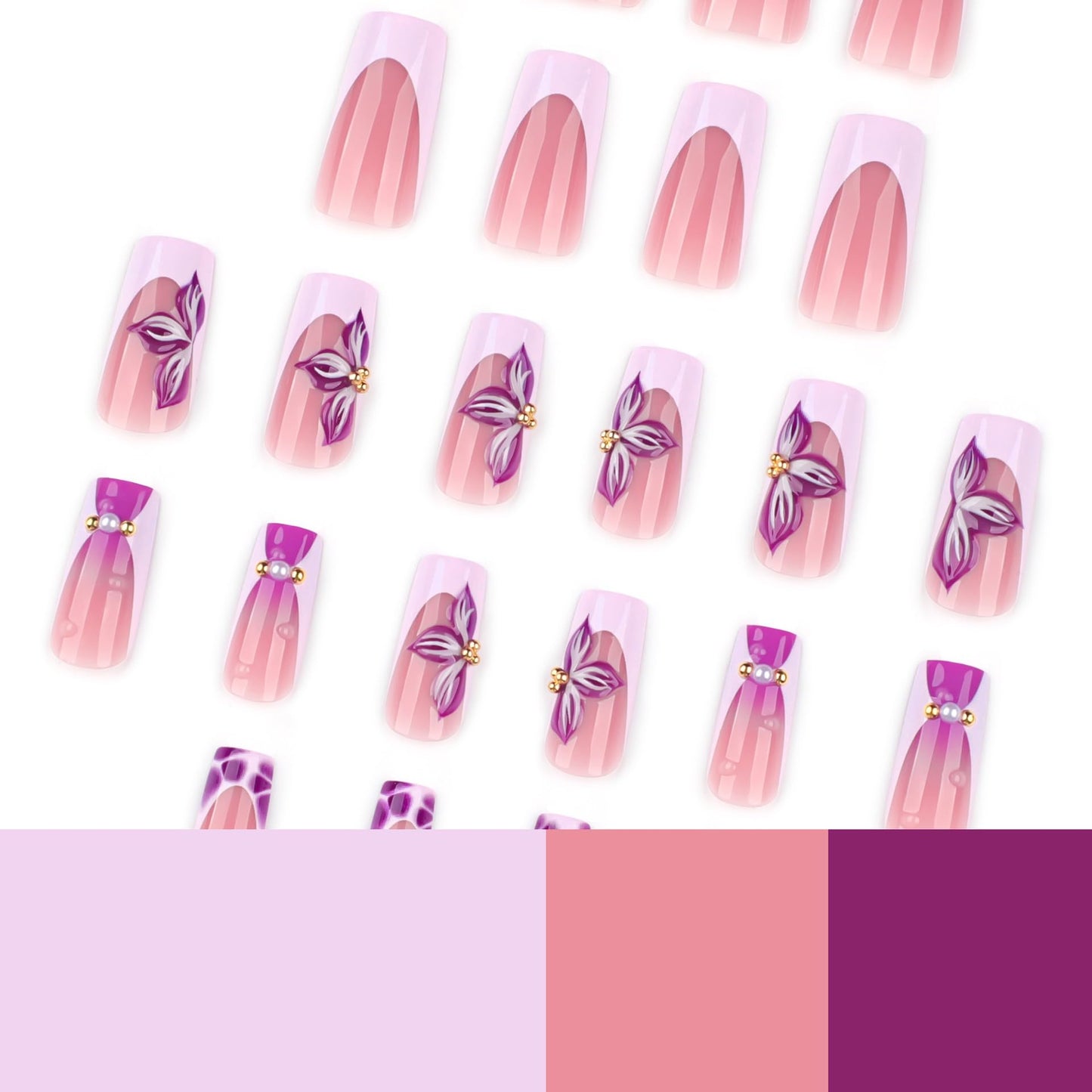 CTTHNBD Square Press on Nails Medium - Purple French Tip Fake Nails with Flower Design - Ombre Stick on False Nails - for Women 24 Pcs