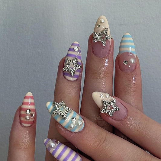 Short Almond Press on Nails Y2K Fake Nails Press ons with 3D Star & Pearl Designs, Colorful Striped False Nails Glossy Acrylic Full Cover Glue on Nails for Women Manicure 24Pcs
