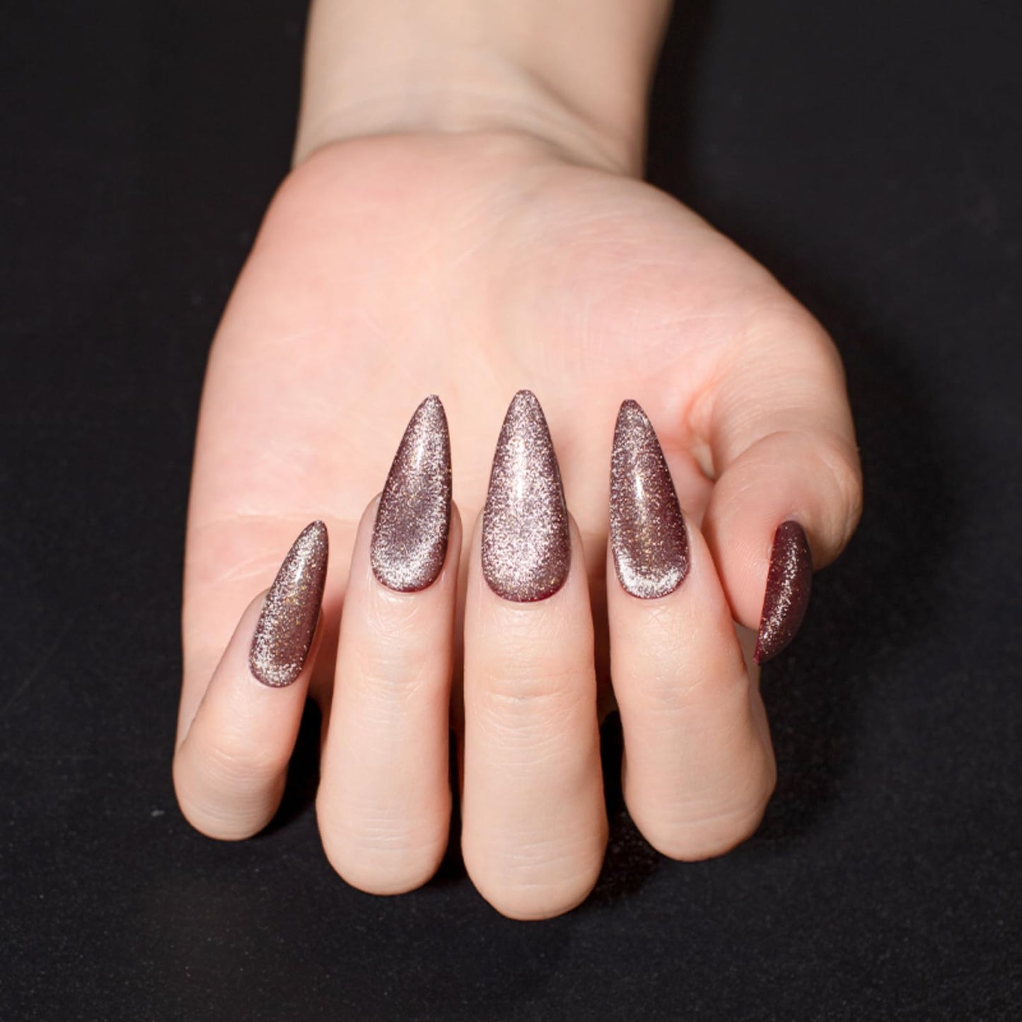 Gentle Claws Press-On Nails, Syrup - 24 Pcs Reusable Acrylic False Nails in Stiletto Shape, Medium Long Almond with Cat Eye Design, Full Well Tips, Pink Shimmery Finish, for Women and Girls