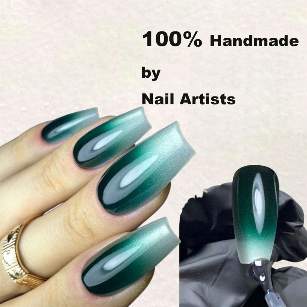 Redykat Handmade 24PCS Glossy Coffin Press On Nails, Extra Long Emerald Green Fake Nails, Gel Green Ombre Cat Eye False Nails, Salon Quality Nail art, Home Quick Manicure……… (Jade)