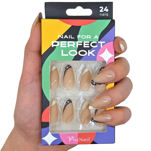 PerfectLook Press On Nails - Soft Tweed | No Glue Almond Matte Nude Nails with Black & White French Tips for Daily - 24 Pcs Nail Kit with Adhesive Tabs