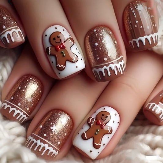 Christmas Gingerbread Man Nails Short Press on Nails Brown Winter Fake Nails Xmas Full Cover Glue on Nail Snow House Square False Nail for Women Christmas Reusable Acrylic Nail 24Pcs