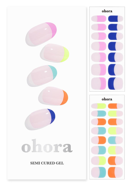 ohora Semi Cured Gel Nail Strips (N Rainbow French) - Nude, French, Works with UV/LED Lamps, Salon-Quality, Long Lasting, Easy to Apply & Remove - Includes 2 Prep Pads, Nail File & Wooden Stick