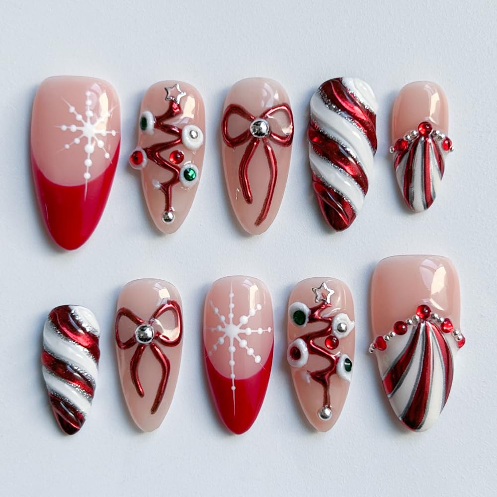 MAGLFELL Press On Nails - Handmade Almond short Nails, Painting French 3D Stars Art Design press ons, Reusable Artificial False Nails for Women 10 Pcs Acrylic Nails Kits (Size M)