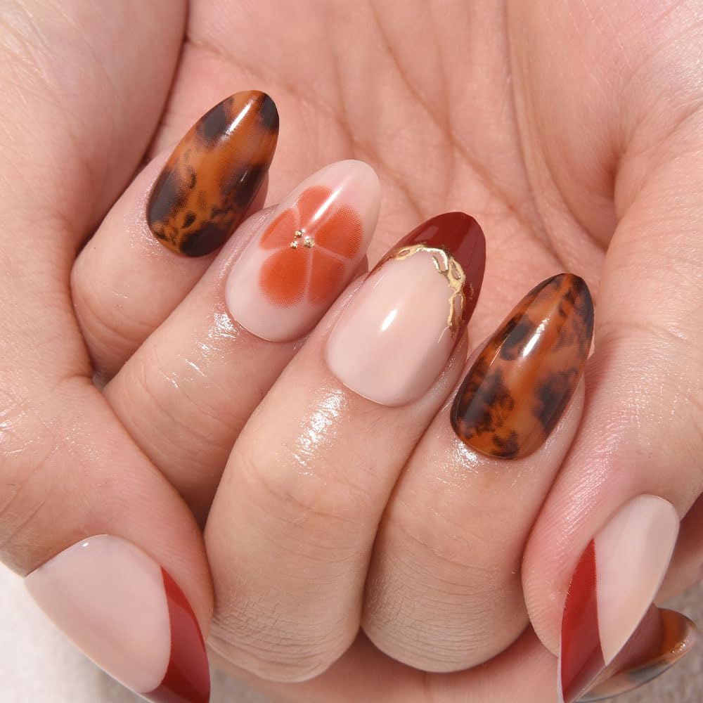 evpct 3D French Press on Nails Short Almond with Gold Line Design, Dark Red French Tip Stick on Nail for Women with Kit, Reusable Full Cover Press on Fake Nail with Flower Tortoise Shell Design
