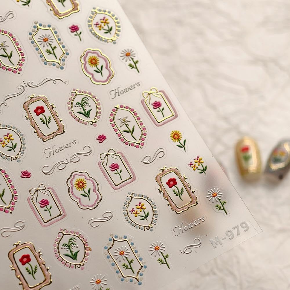 5D Embossed Flower Nail Stickers Irregular Geometric Frames Nail Designs Gold Hollow Designs Nail Decals Dasiy Rose 3D Self-Adhesive Summer Nails Art Decoration for Women DIY 1 Sheet