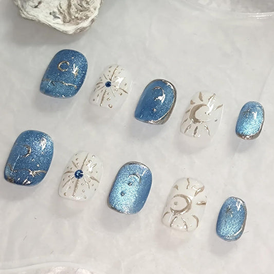 30Pcs Short Press on Nails Coffin Fake Nails Shiny Blue White False Nail 3D Star Moon Sun Design Glossy Glitter Glue on Nail Full Cover Acrylic Nails Press ons Artificial Fingernails for Women