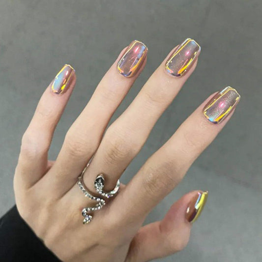 Square Press on Nails Short Gold Chrome Fake Nails Shiny Mirror Acrylic Nails Aurora Glue on Nails Glossy Bling Artificial False Nails Stick on Nails for Women Girls Nails Decoration 24 Pcs