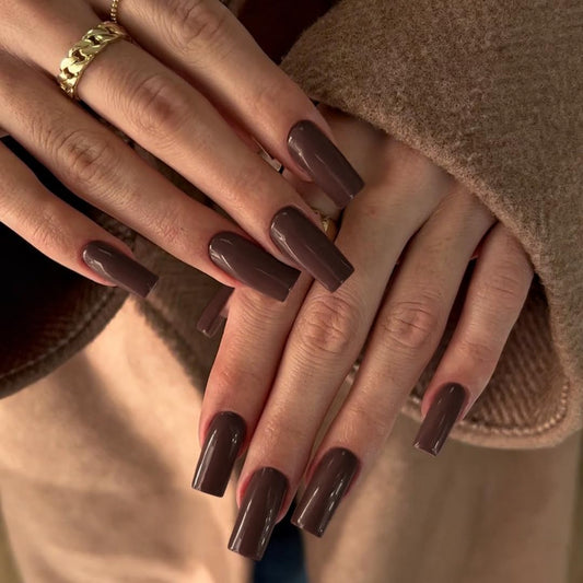 Fall Nails KQueenest Medium Long Press On Nails Coffin Nails Press Ons Gloss Brown Dark Color Long Fake Nails For Women Thick Gel Square Tip Nails Acrylic False Nails Set, 24 Pcs