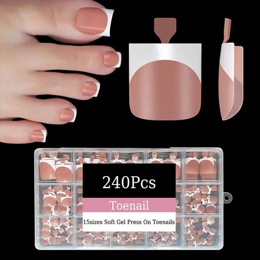 Dsixnails 240Pcs Toe Press on nails, Short Square Brown Toe Nail Press Ons for Women in 15Sizes, French Tip False Toenails Extension, Soft Gel Toe Nail Tips, Acrylic Full Cover Fake Toenails for Girl