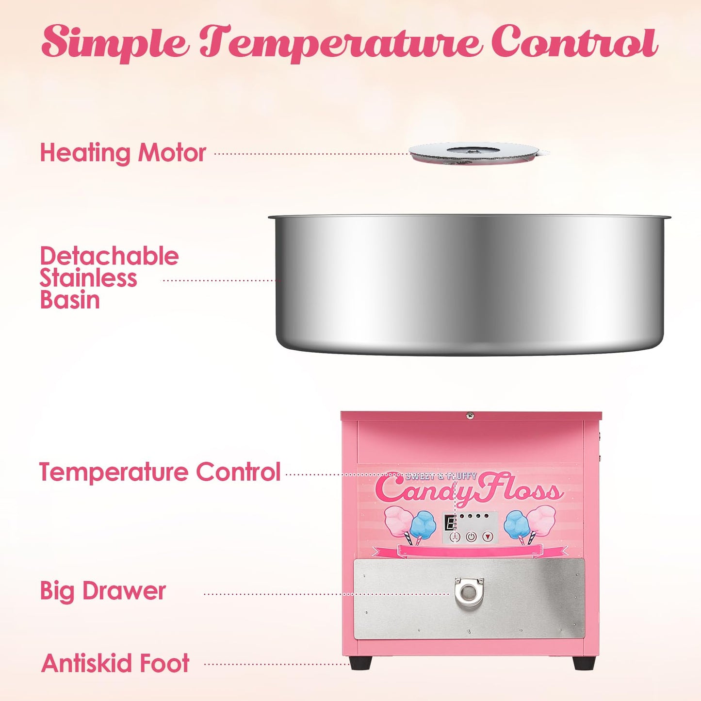 Garvee Cotton Candy Machine Commercial, Electric Cotton Candy Maker for Kids with 20 in Stainless Steel Bowl for Family, Party, Amusement Park, Carnival- Pink