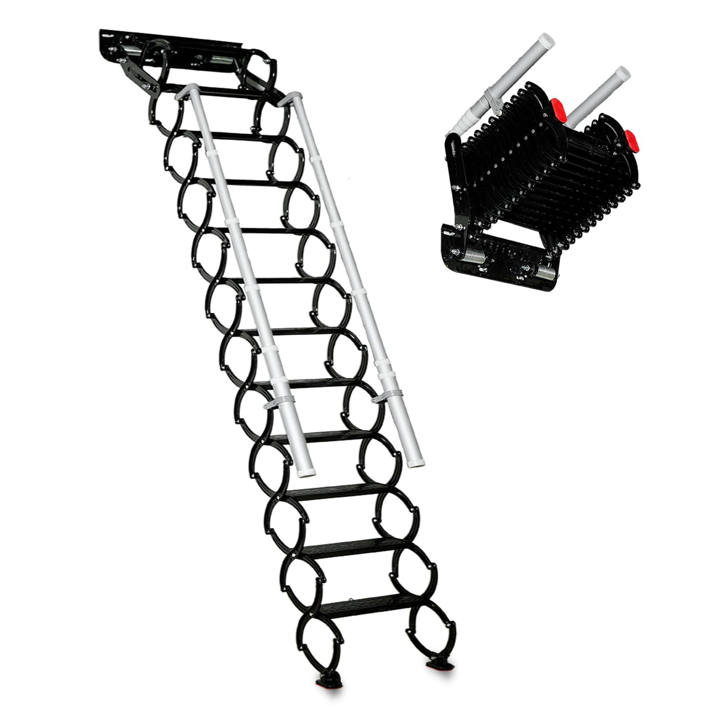Wall Mounted Folding Ladder with Handrails, Pull Down System Attic Stairs, Telescopic Attic Ladder, Applicable Height 9.6-10ft, Attic, Basement, Warehouse, Passage Folding Stair (Black, 12 Steps)
