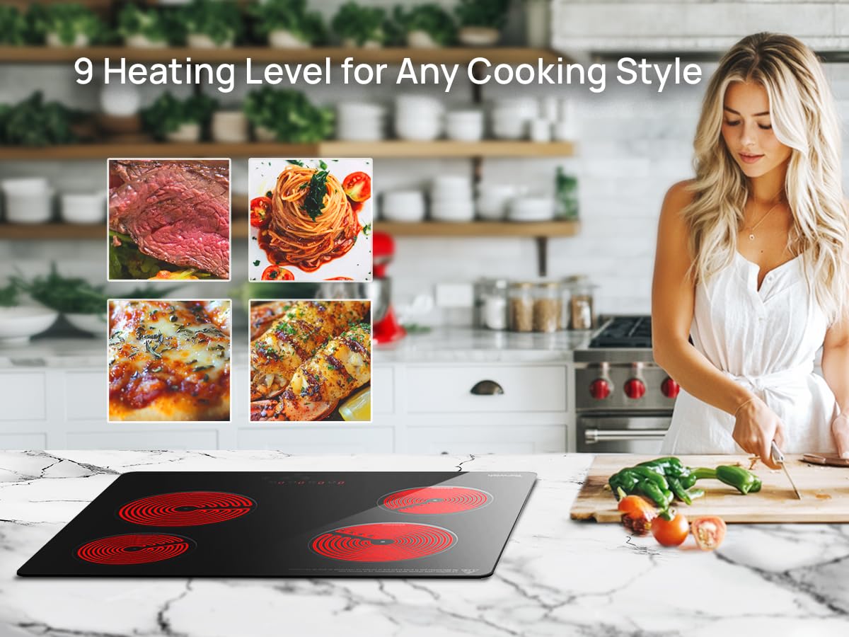 4 Burner Electric Cooktop, TOPWISH 24 Inch, Built-in Electric Stove Top, 220-240v Radiant Cooktop with Child Lock, Touch Control, Residual Heat Indicator, Overheat Protection, Hard Wire (No Plug)