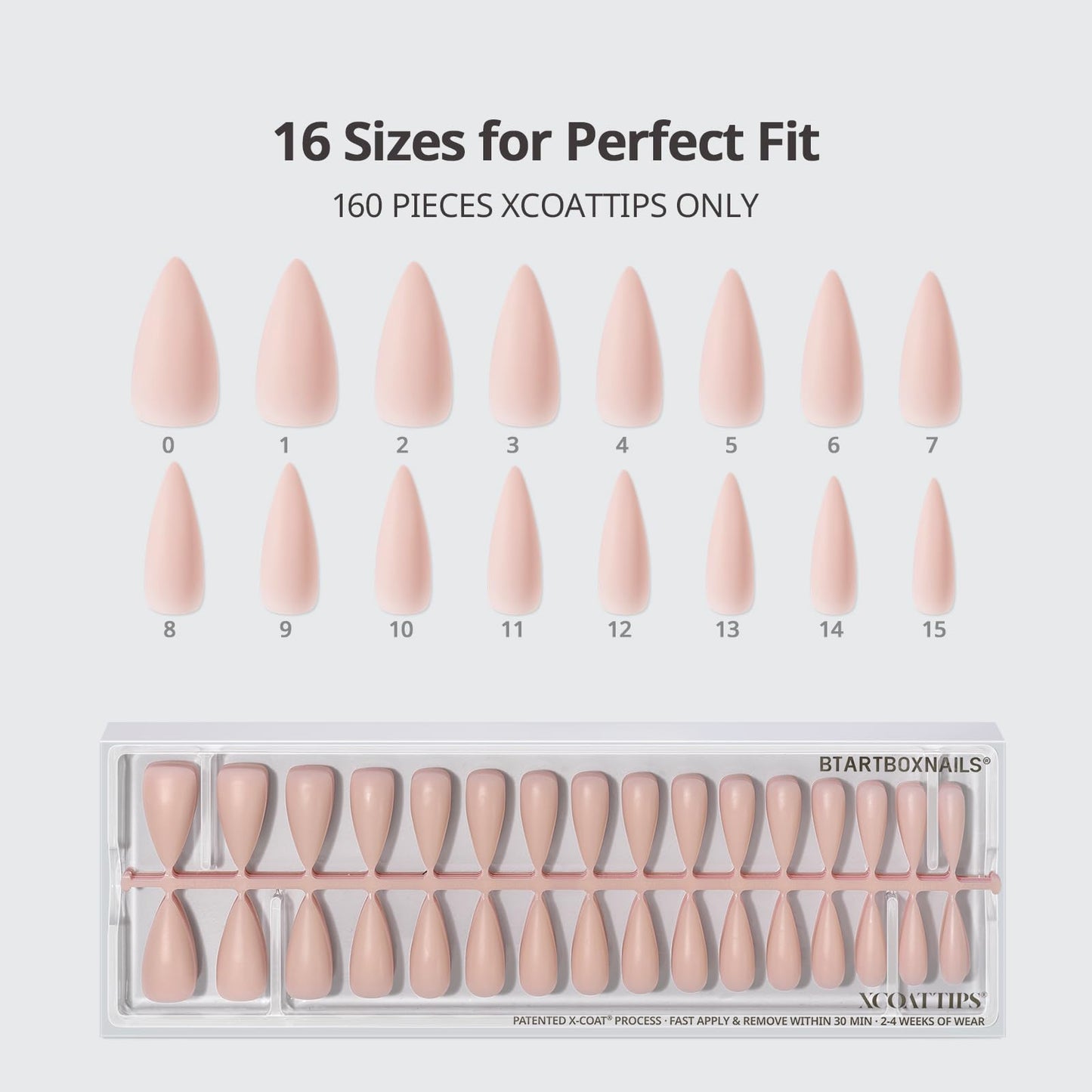 BTArtboxnails XCOATTIPS Bare 5-Shades Nude Press on Nails - 4-Week Wear Long Stiletto Press on Nails, Easy to Apply, Soak Off, Salon Quality Value at Home, 16 Sizes - 160 Fake Nails