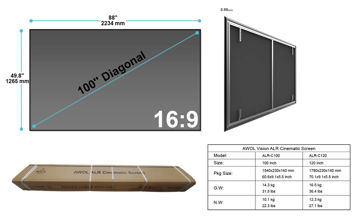 AWOL VISION Ambient Light Rejecting (ALR) Projector Screen for Ultra Short Throw(UST) Projector, 100" Fixed Frame, 80% Picture Quality Improved, 95% Celling Light Rejecting(CLR), Active 3D - C100