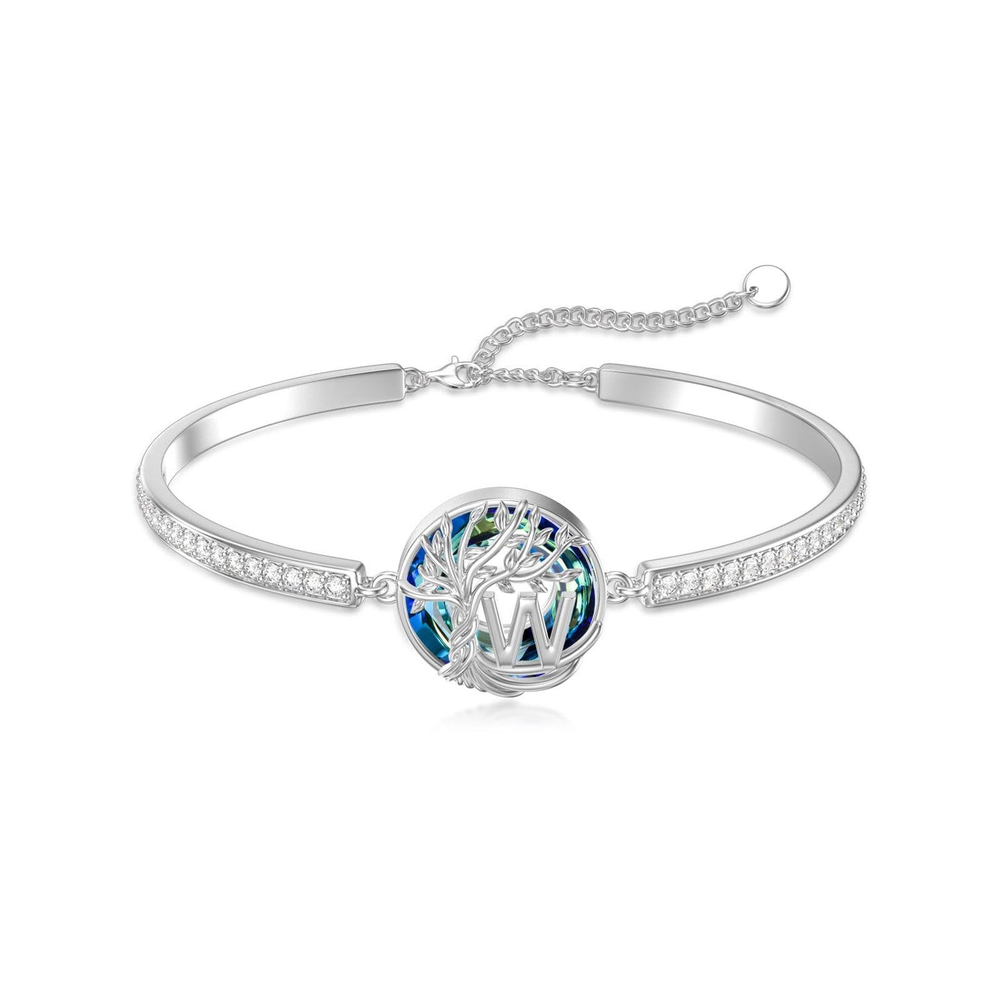 TOUPOP Tree of Life Bracelet Sterling Silver Initial W Letter Bangle Bracelet Family Tree Blue Crystal Jewelry Mothers Day Birthday Gifts for Women Mom Wife