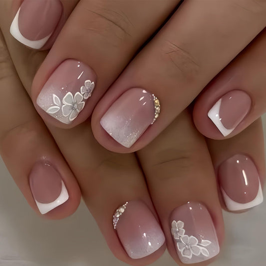 French Tip Press on Nails Short Square Fake Nails with Gradient Rhinestones Flower Designs Nails Press ons Pink White Ombre Glue on Nails Glossy Acrylic Nails Cute Stick on Nails for Women 24Pcs
