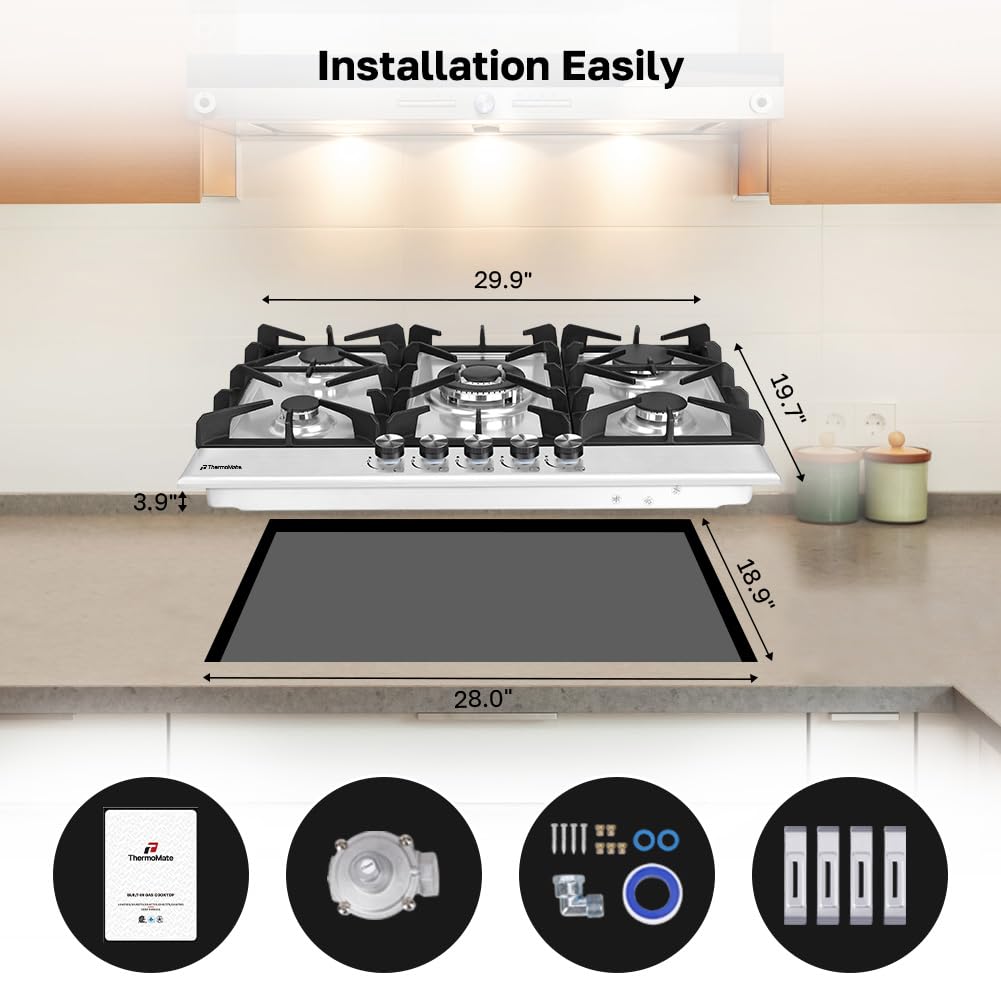 ThermoMate Light 30 Inch Gas Cooktop, Built In Gas Rangetop with 5 High Efficiency Burners, NG/LPG Convertible Stainless Steel Gas Stove Top with Thermocouple Protection, 120V AC